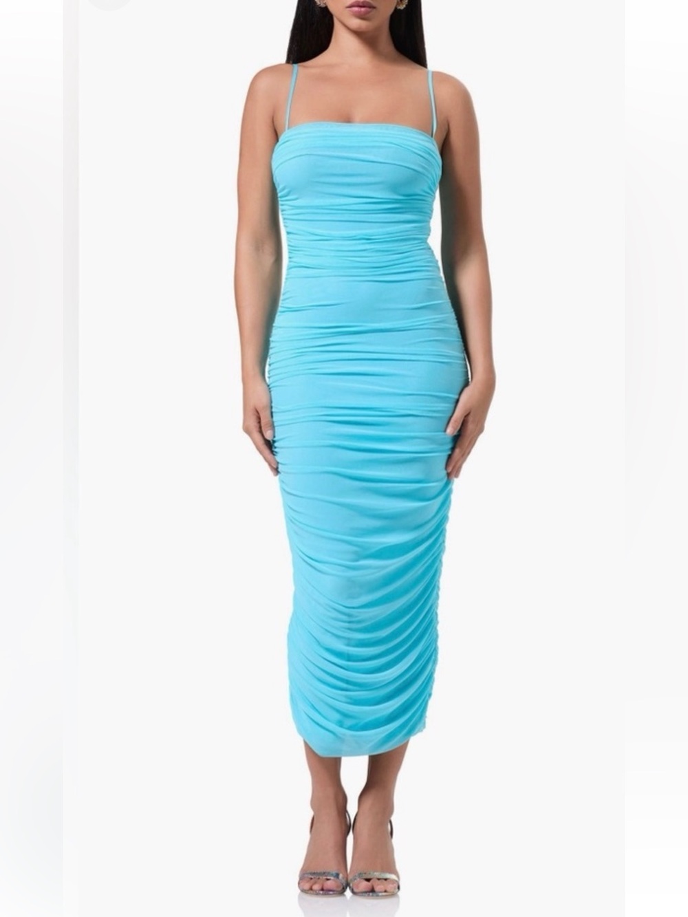 NWT AFRM Sz XL Women’s Aqua Blue Hazel Stretch Ruched Side Midi Dress Ret $98!